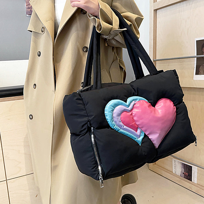 HEART PUFFER HANDBAG BLACK QUILTED TOTE