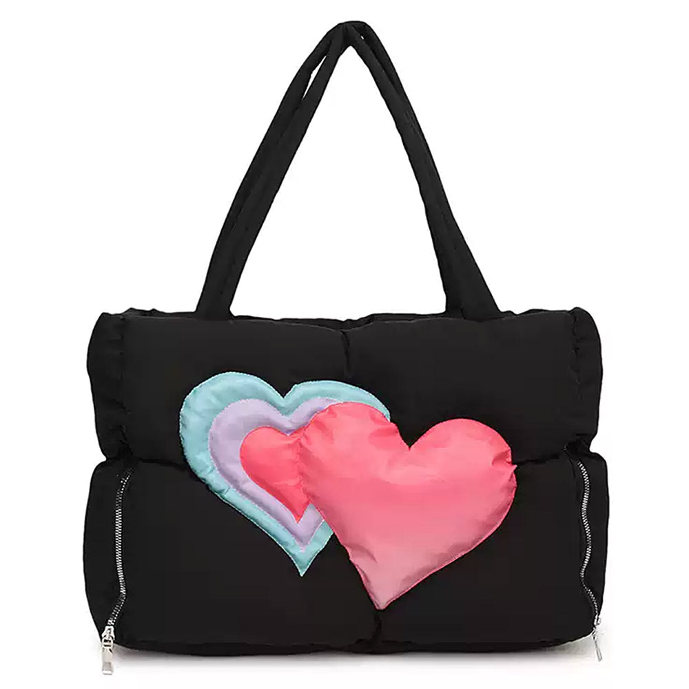 HEART PUFFER HANDBAG BLACK QUILTED TOTE