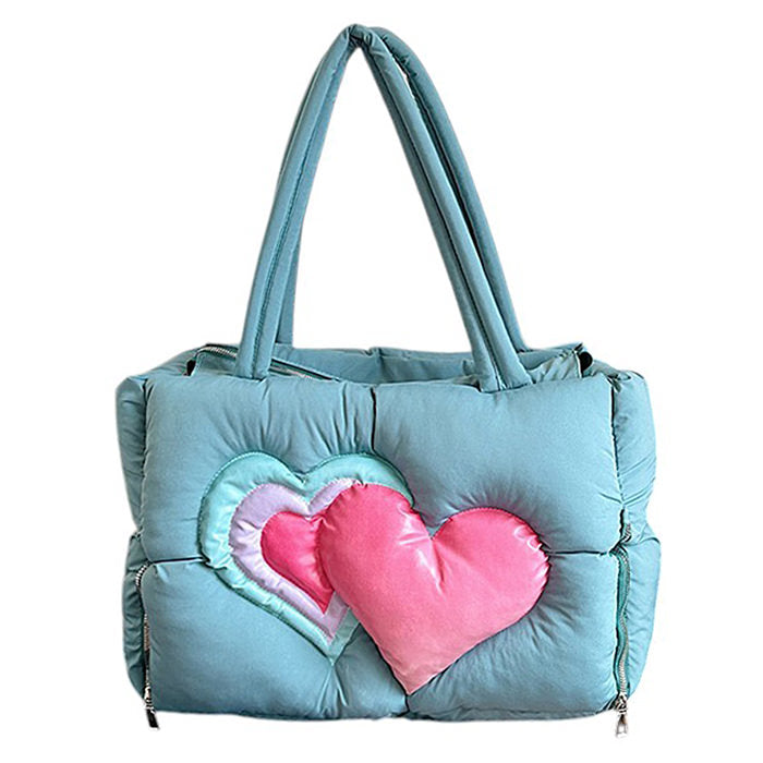 HEART PUFFER HANDBAG BLACK QUILTED TOTE