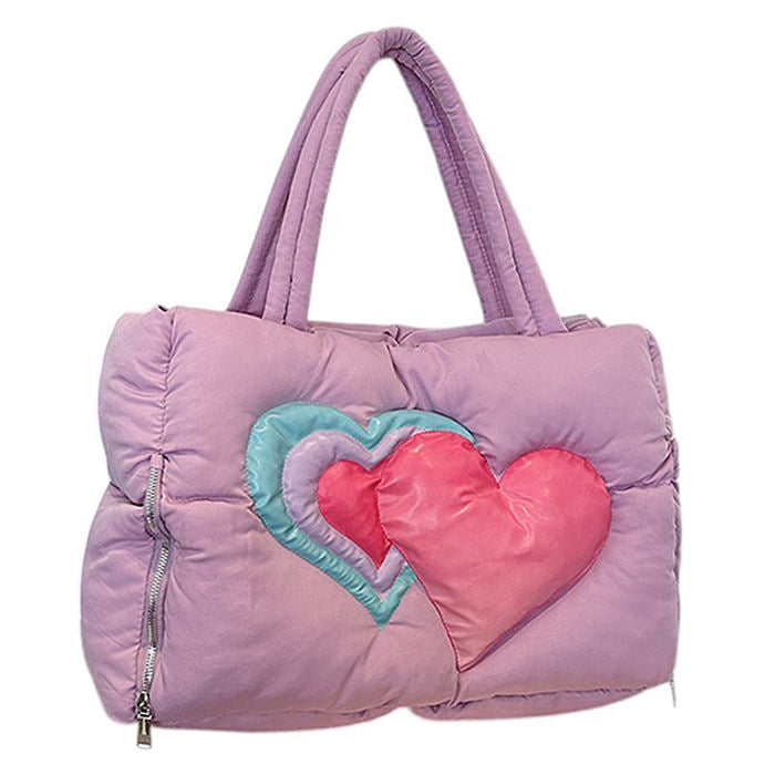 HEART PUFFER HANDBAG BLACK QUILTED TOTE