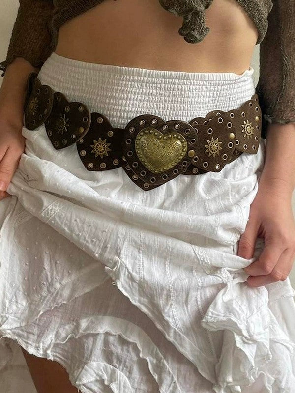 HEART-SHAPED LEATHER BELT WITH GOLD ACCENTS AND GEOMETRIC PU LEATHER DETAIL