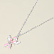 Heart Stone Pointed Enamel Pink Ribbon Angel Wing Pendant Necklace