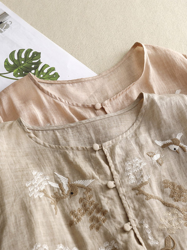 Heavy Embroidery Shirt Women’s Round Neck Thin Slit Retro Linen Top