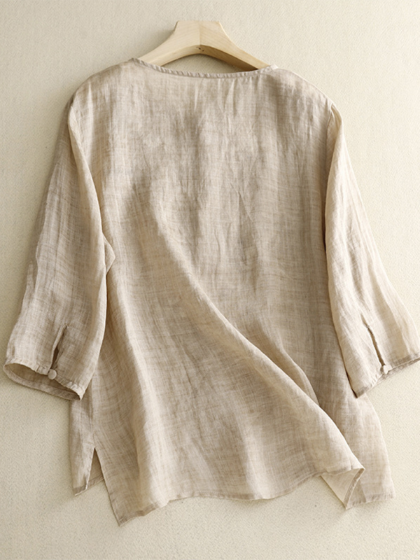 Heavy Embroidery Shirt Women’s Round Neck Thin Slit Retro Linen Top