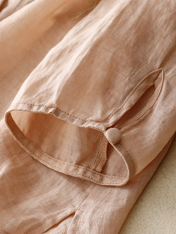 Heavy Embroidery Shirt Women’s Round Neck Thin Slit Retro Linen Top