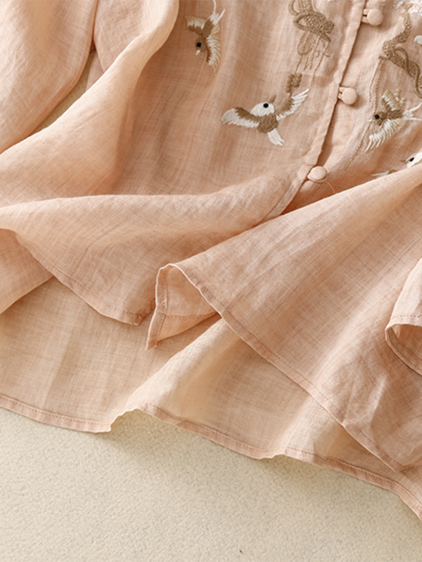 Heavy Embroidery Shirt Women’s Round Neck Thin Slit Retro Linen Top