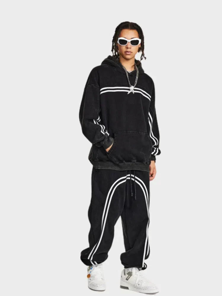 LOOSE FIT HOODIE WITH WHITE STRIPES - RELAXED FIT HOODIE