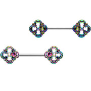 9/16 Clear Gem Iridescent Rainbow Flower Barbell Nipple Ring Set