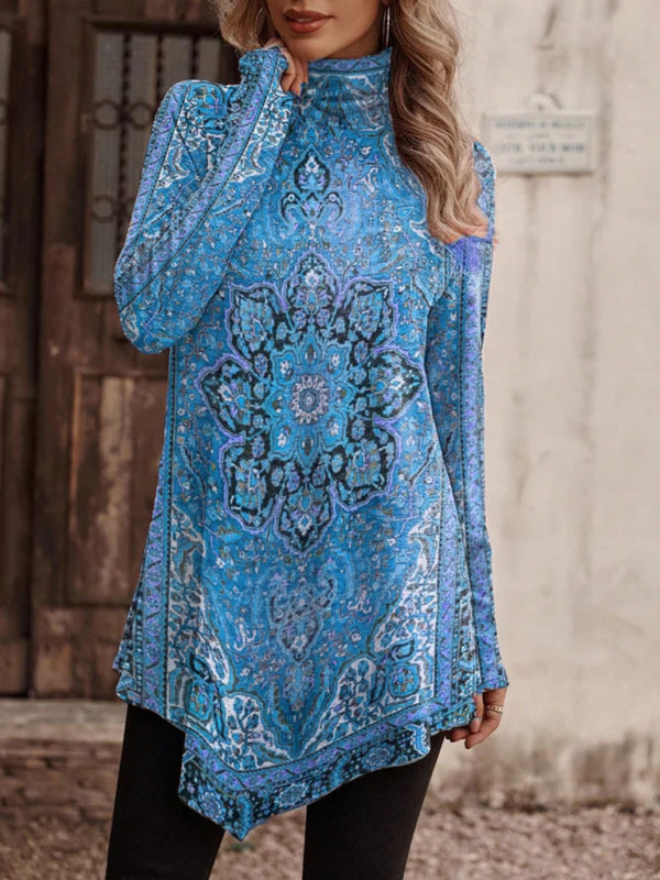 High collar bohemian print casual long sleeve T-shirt - Pattern1 / S