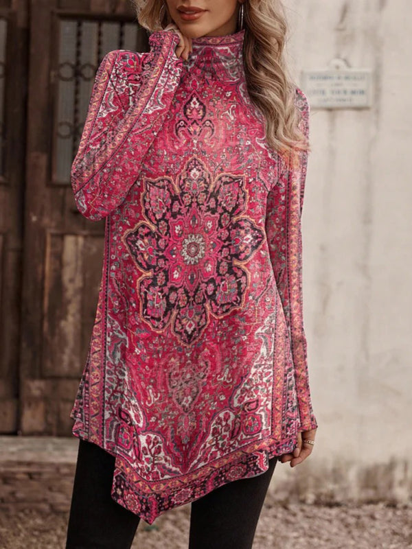 High collar bohemian print casual long sleeve T-shirt - Pattern2 / S
