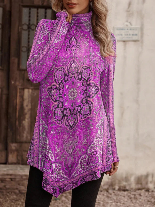 High collar bohemian print casual long sleeve T-shirt - Pattern3 / S