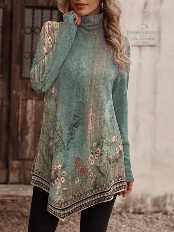 High collar bohemian print casual long sleeve T-shirt - Pattern4 / S