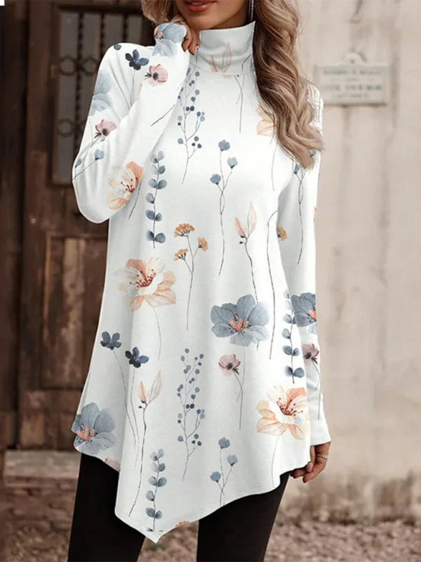 High collar bohemian print casual long sleeve T-shirt - Pattern6 / S
