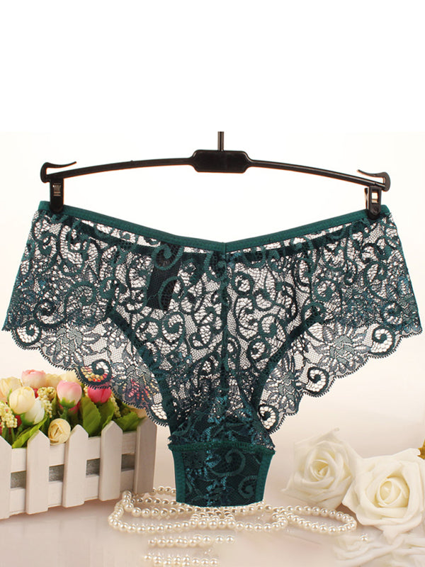 High elasticity floral knit nylon sexy panties - Green black jasper / XS