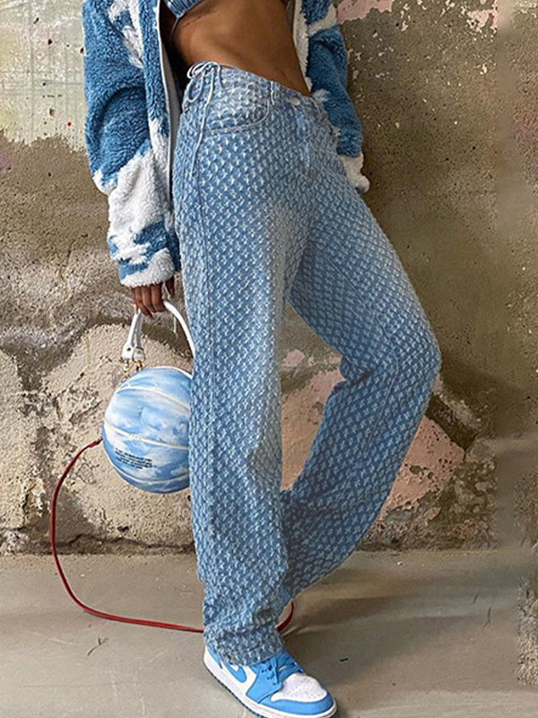 HIGH RISE PATTERNED BLUE JEANS FOR STREET STYLE IN LOOSE FIT