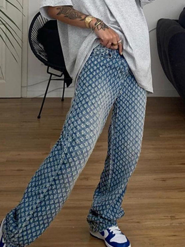 HIGH RISE PATTERNED BLUE JEANS FOR STREET STYLE IN LOOSE FIT