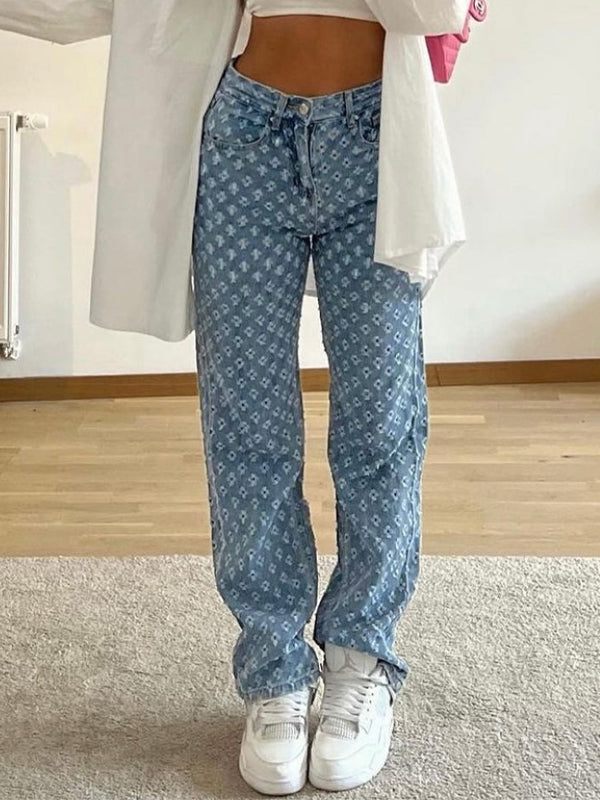 HIGH RISE PATTERNED BLUE JEANS FOR STREET STYLE IN LOOSE FIT