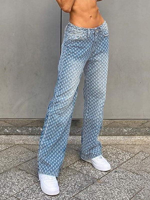 HIGH RISE PATTERNED BLUE JEANS FOR STREET STYLE IN LOOSE FIT