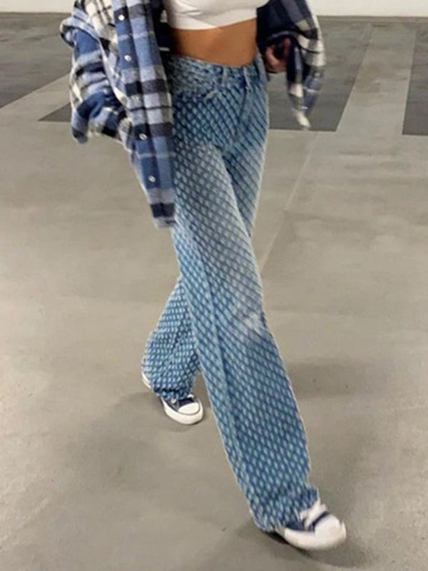 HIGH RISE PATTERNED BLUE JEANS FOR STREET STYLE IN LOOSE FIT