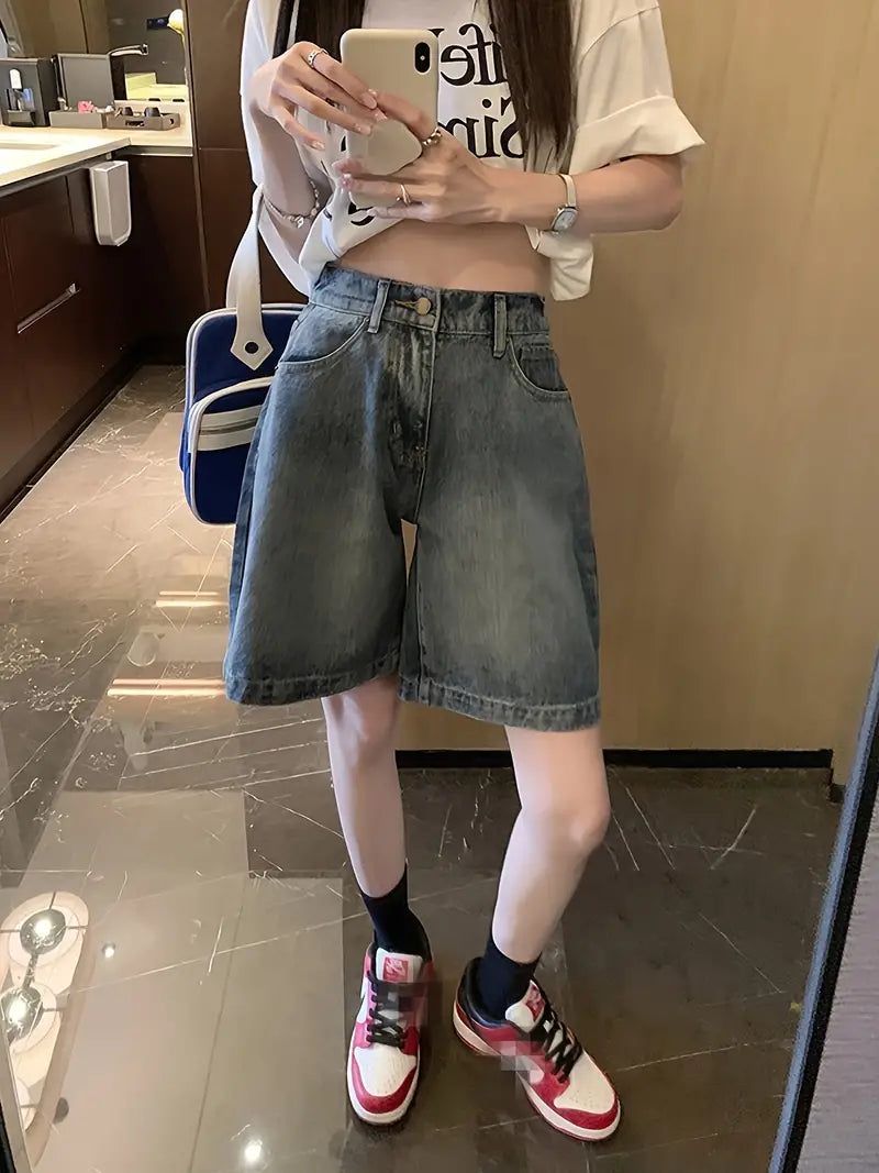 HIGH WAIST WIDE LEG DENIM BERMUDA SHORTS