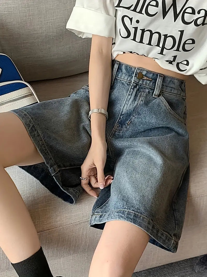 HIGH WAIST WIDE LEG DENIM BERMUDA SHORTS