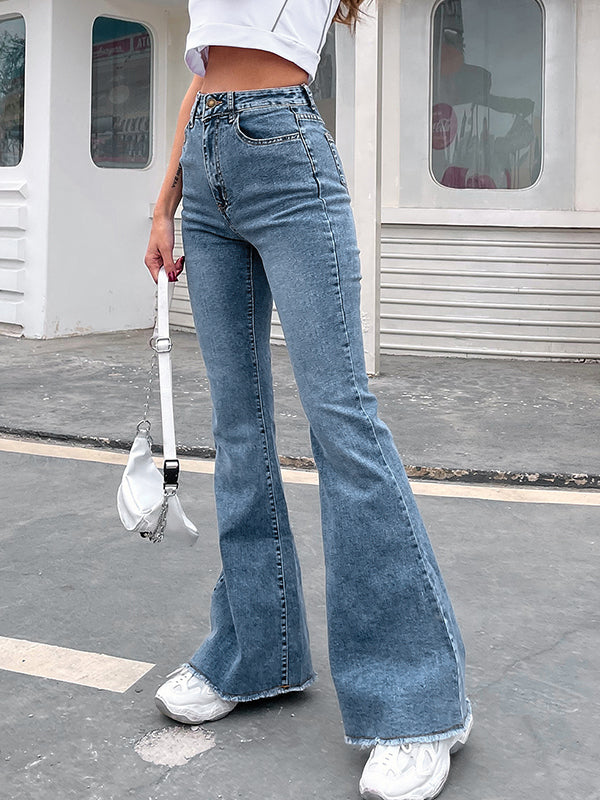 HIGH-WAISTED BELL-BOTTOM JEANS WITH FRAYED HEM FOR A HIP POP LOOK