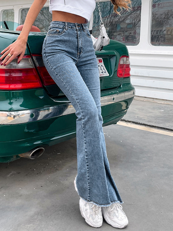 HIGH-WAISTED BELL-BOTTOM JEANS WITH FRAYED HEM FOR A HIP POP LOOK