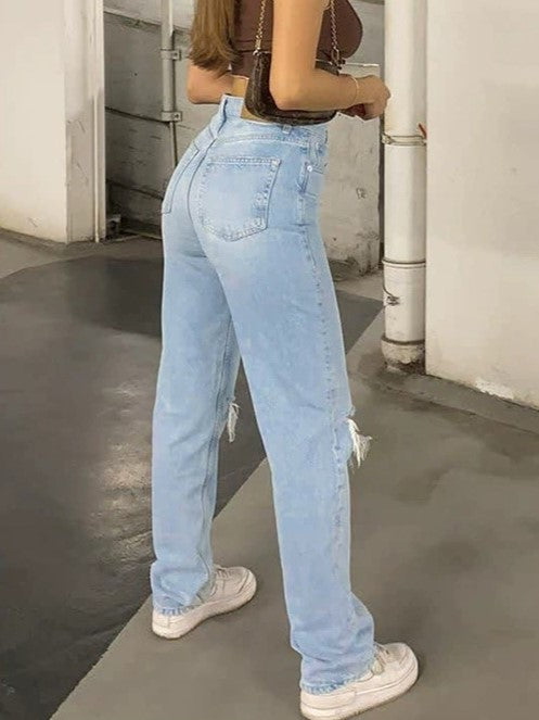HIGH-WAISTED RIPPED JEANS - LIGHT BLUE BOYFRIEND STYLE