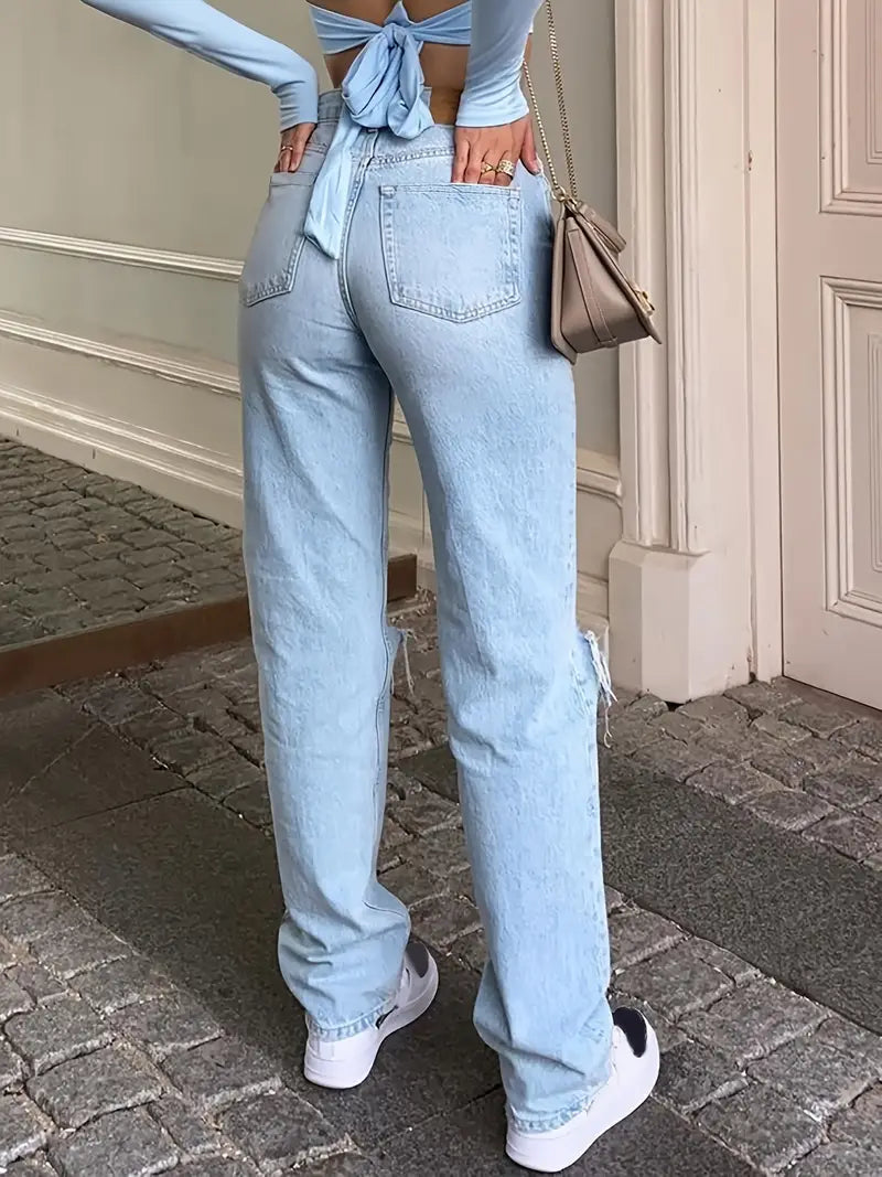 HIGH-WAISTED RIPPED JEANS - LIGHT BLUE BOYFRIEND STYLE