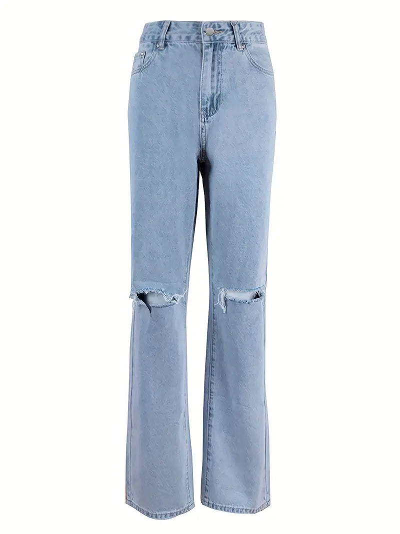 HIGH-WAISTED RIPPED JEANS - LIGHT BLUE BOYFRIEND STYLE