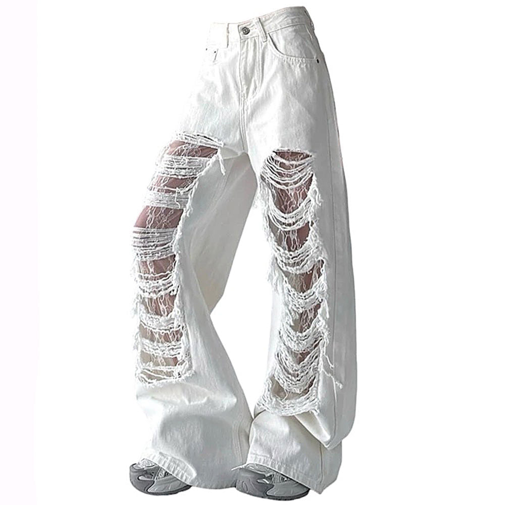 HIGH-WAISTED WHITE JEANS WITH LACE DETAILING AND DISTRESSED RIPS