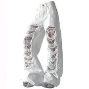 HIGH-WAISTED WHITE JEANS WITH LACE DETAILING AND DISTRESSED RIPS