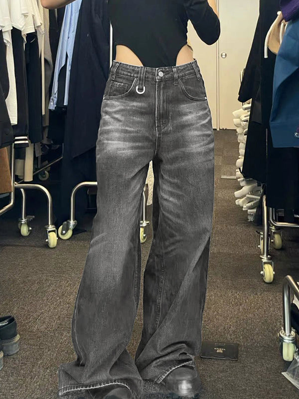 HIGH-WAISTED WIDE-LEG GRAY JEANS FOR DARK HIP HOP STYLE