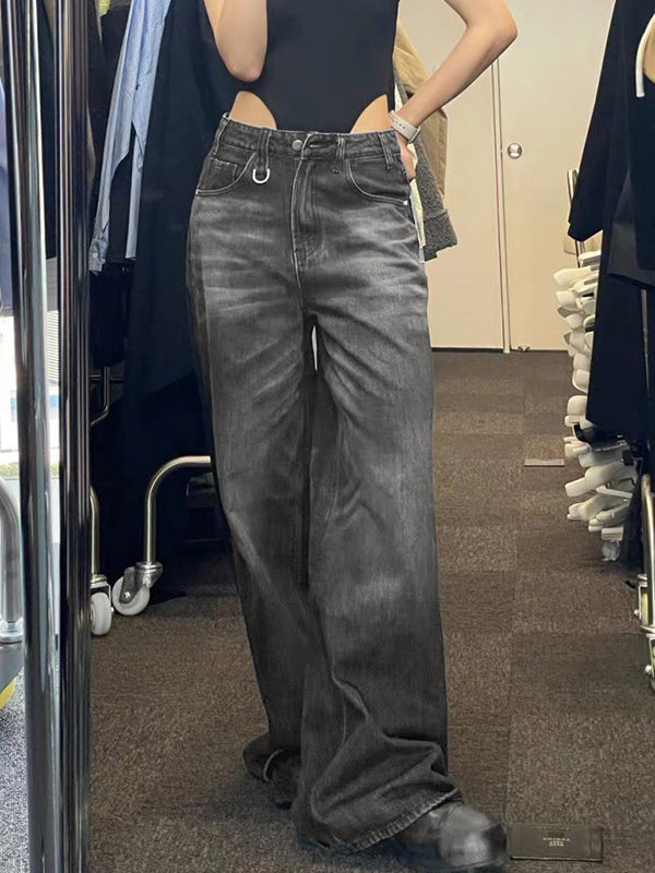 HIGH-WAISTED WIDE-LEG GRAY JEANS FOR DARK HIP HOP STYLE