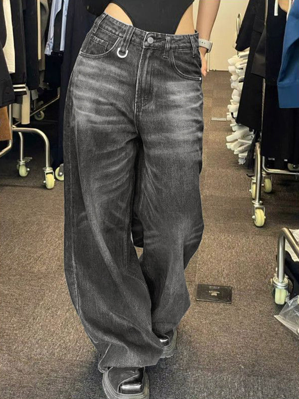 HIGH-WAISTED WIDE-LEG GRAY JEANS FOR DARK HIP HOP STYLE