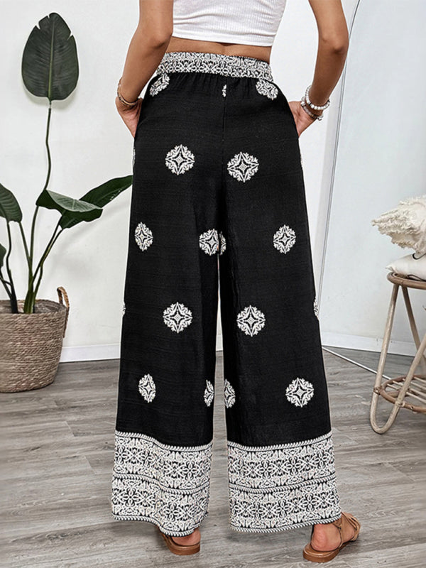 Black and white patterned palazzo pants in straight trousers style for casual comfort