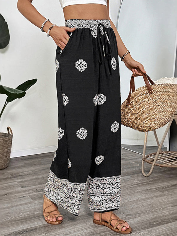 Black patterned palazzo pants, stylish straight trousers with elastic waist for casual wear
