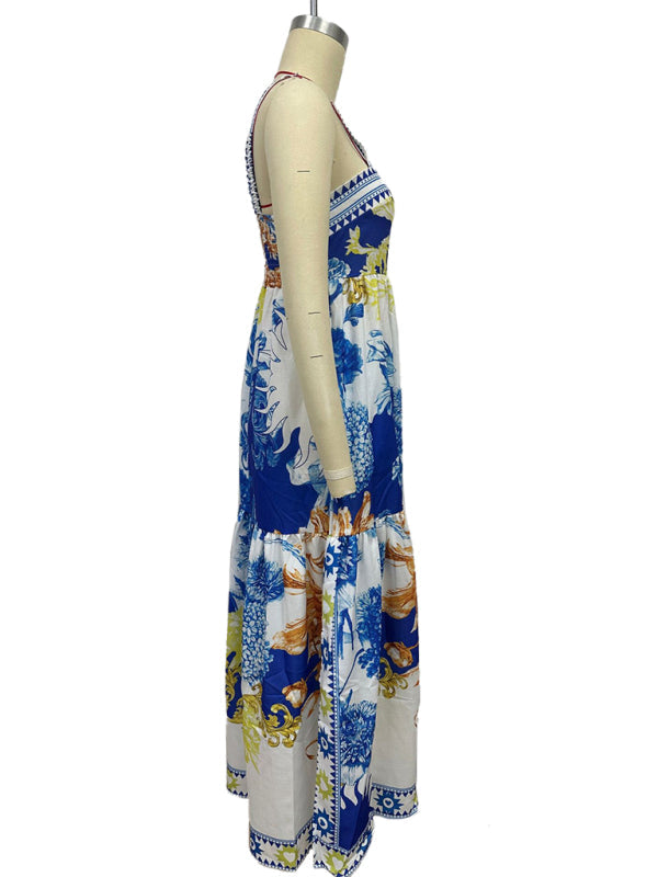 Holiday style maxi dress with printed suspenders
