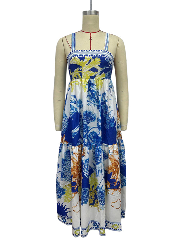 Holiday style maxi dress with printed suspenders