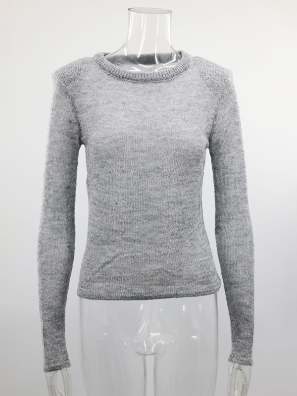 Hollow Knit Sweater Solid Color Casual Long Sleeve Top - Grey / S