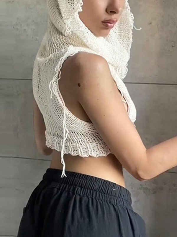 HOODED CROP TOP - WHITE SLIM FIT PUNK STYLE