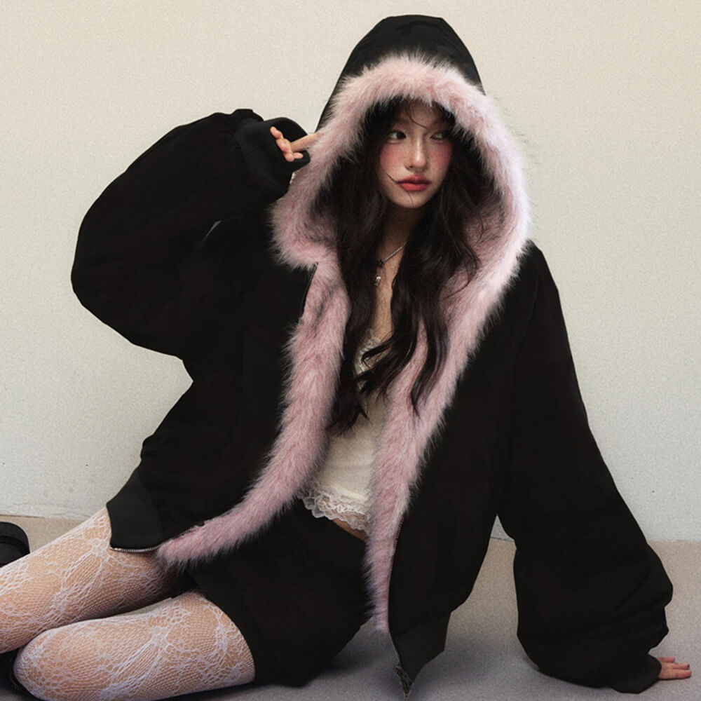 HOODED JACKET PINK FAUX FUR Y2K TRIM