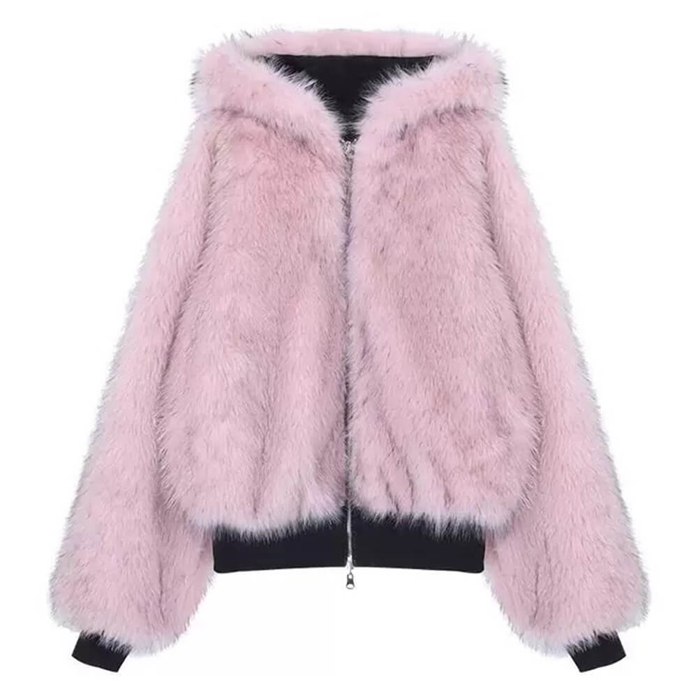 HOODED JACKET PINK FAUX FUR Y2K TRIM