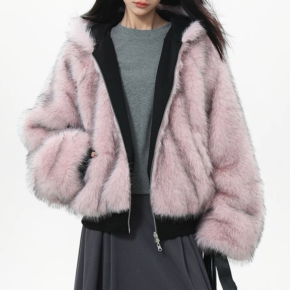 HOODED JACKET PINK FAUX FUR Y2K TRIM