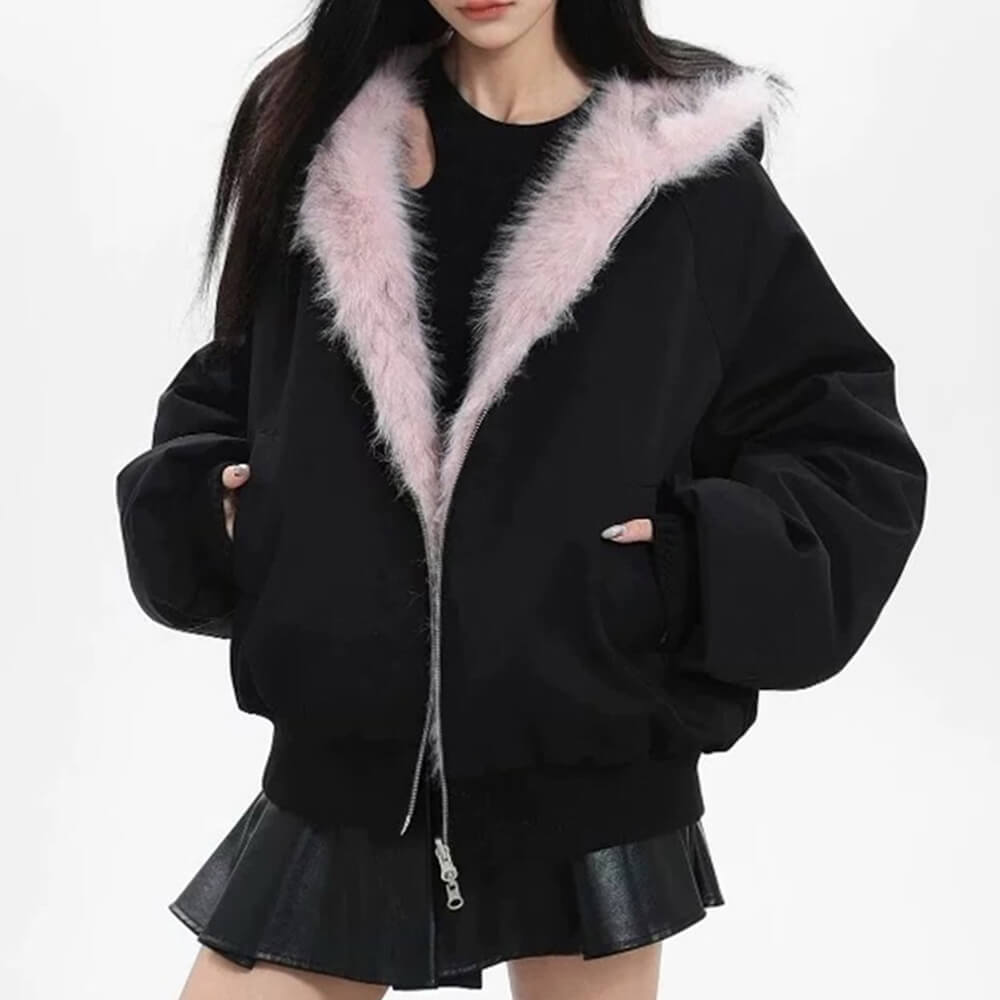 HOODED JACKET PINK FAUX FUR Y2K TRIM