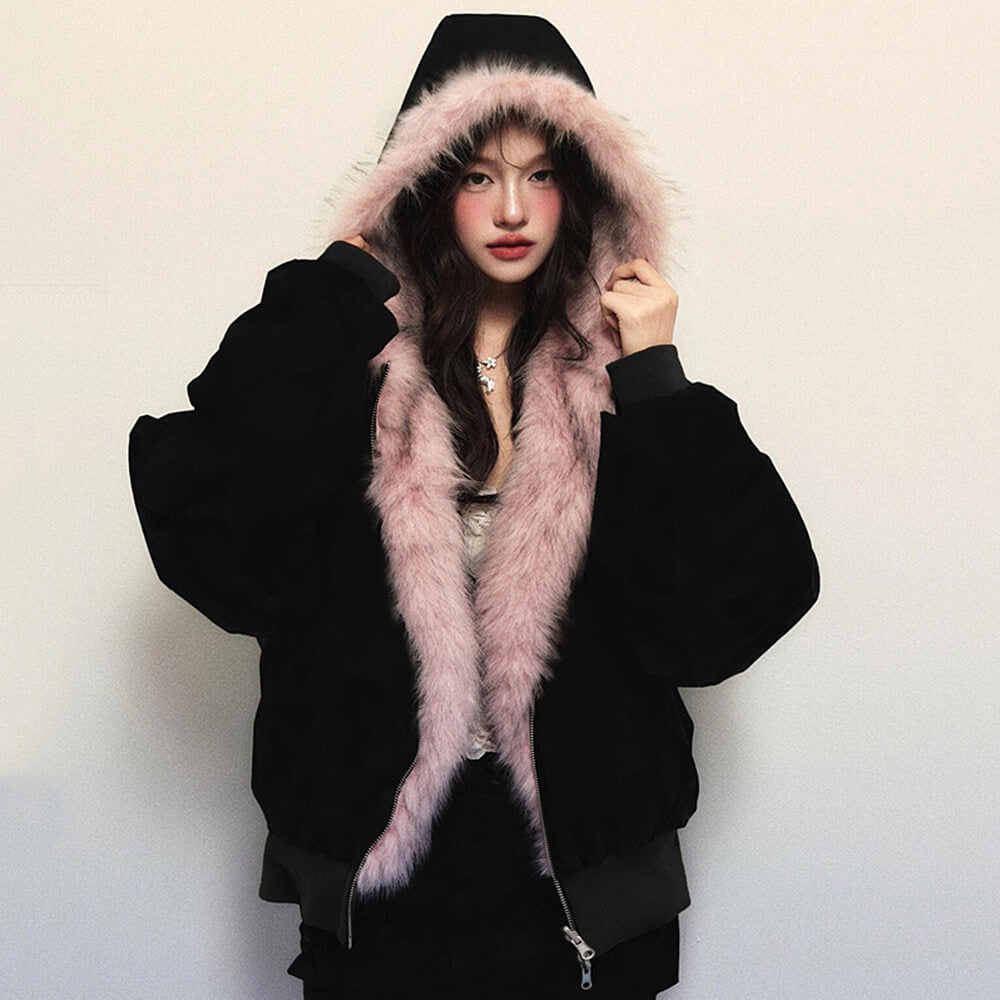 HOODED JACKET PINK FAUX FUR Y2K TRIM