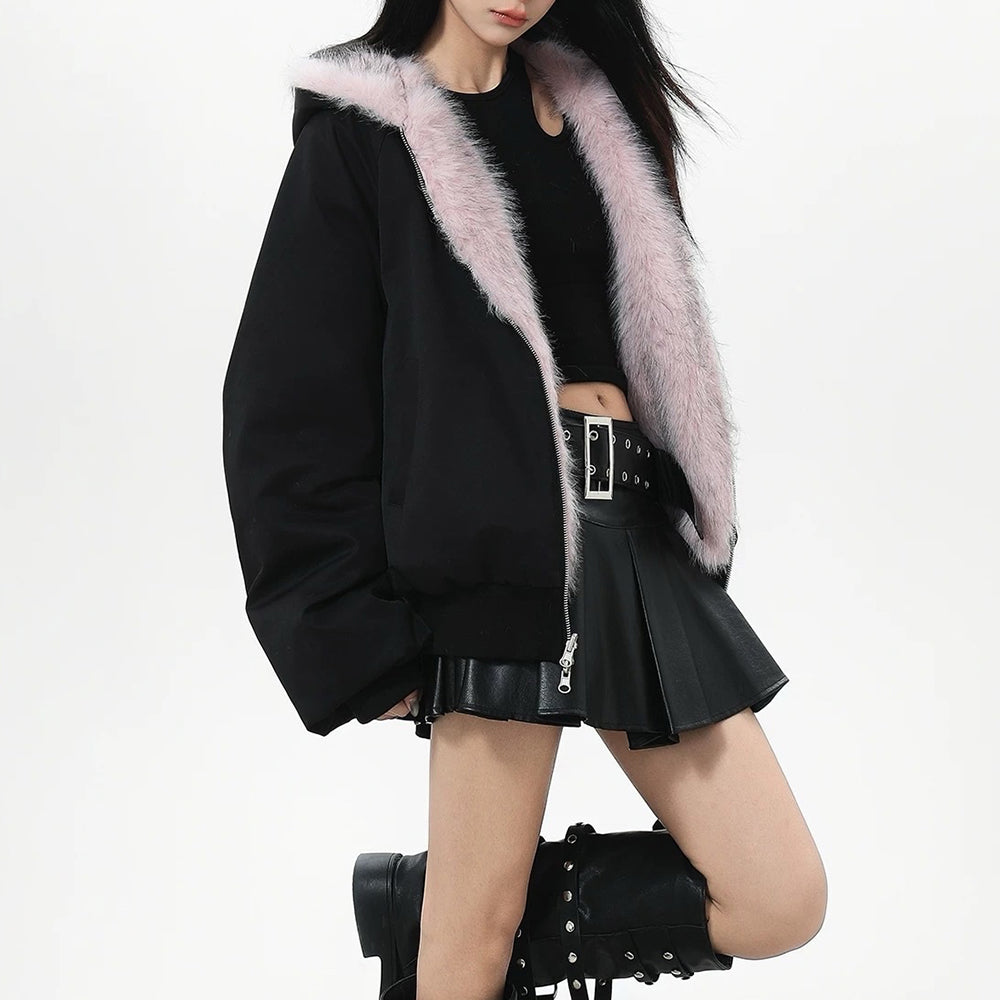 HOODED JACKET PINK FAUX FUR Y2K TRIM