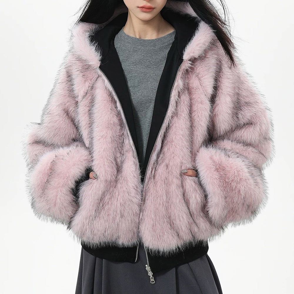 HOODED JACKET PINK FAUX FUR Y2K TRIM