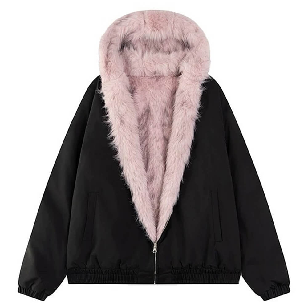 HOODED JACKET PINK FAUX FUR Y2K TRIM