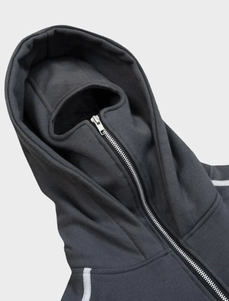 HOODED NINJA HOODIE GRAY AND BLACK WITH WHITE TRIM DOUBLE HOODED
